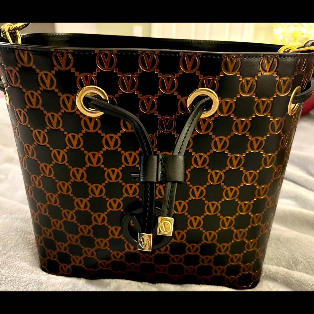 Valentino by Mario Valentino Bucket Handbag Black and Gold $375